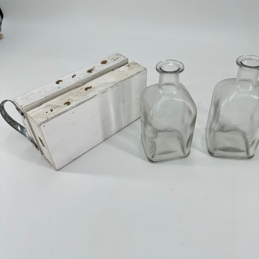 Farmhouse Distressed White Wooden Crate with 2 Glass Bud Vases Metal Handles - Picture 7 of 10
